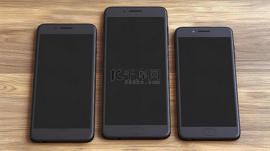 iphone锁屏背景图片_木桌背景上黑色智能手机的真实 3D 渲染，屏幕空白