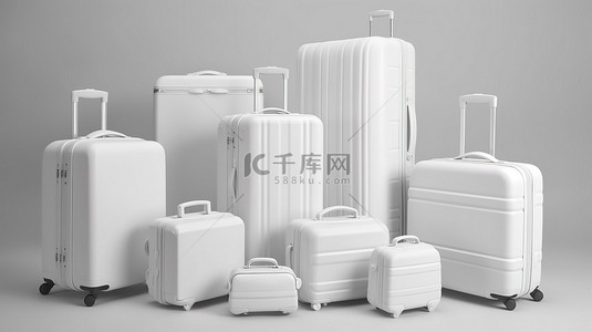 在空白背景上进行 3D 渲染的各种白色行李