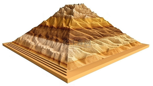 3D 插图中的沙漠切片在沙丘和埃及金字塔的微观世界中孤立的立方金字塔