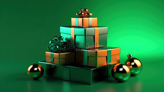 设计。圣诞树背景图片_3D 渲染中渐变绿色背景上的各种装饰装饰品和礼品盒