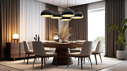 豪华餐厅的 3D 渲染，配有壮观的螺旋吊灯和时尚的餐桌