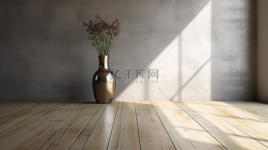 真实房间背景图片_宽敞的混凝土房间的真实 3D 渲染，配有木地板镀铬花瓶和背光