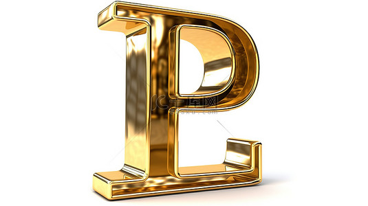 白色孤立背景下闪闪发光的金色字母 p 粗体字母和数字的 3D 插图