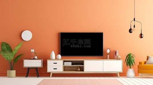 简约客厅中最好的电视柜和浅橙色墙壁，配有白色木地板 3D 渲染