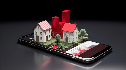 房地产增长概念商业图表和家庭显示在手机 3D 渲染上