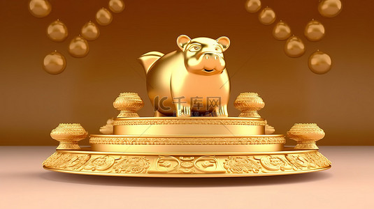 中国主题的金存钱罐 3D 渲染在舞台背景的讲台上