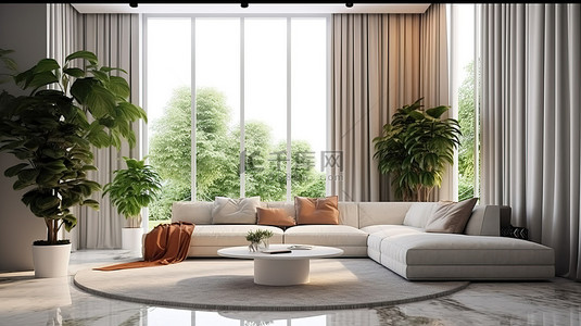 客厅的 3D 渲染，配有白色窗板沙发绿色植物和大理石中心桌