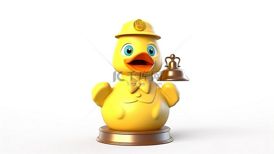 迷人的黄鸭角色，带铃声，非常适合作为酒店吉祥物在白色背景上进行 3D 渲染