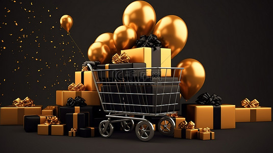 假日特卖背景图片_圣诞节和新年促销商店，直到您在黑色星期五 3D 渲染上带着购物车袋和礼品盒掉落