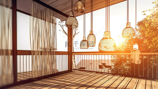 以美丽阳台吊灯为特色的建筑草图 3D 插图