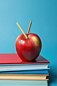 铅笔堆背景图片_学校铅笔和苹果在一堆蓝书上