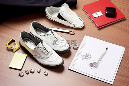 桌子上的一些文件，上面有白笔和鞋子