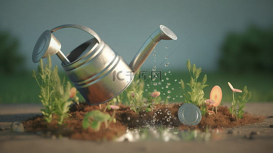 喷背景图片_硬币和植物从 3d 喷壶中发芽