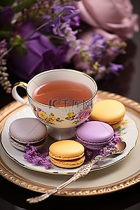 紫色的花和茶放在托盘上，上面有杏仁饼