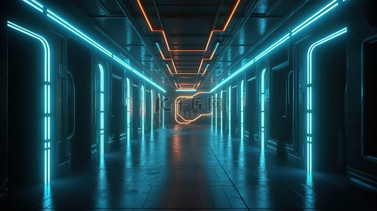 科幻空间背景背景图片_带有发光霓虹灯的未来混凝土房间 3D 渲染的科幻空间