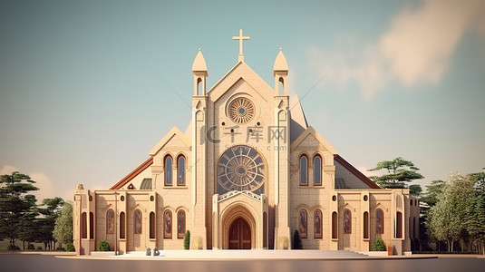 建筑奇迹背景图片_天主教堂建筑奇迹的 3D 渲染插图