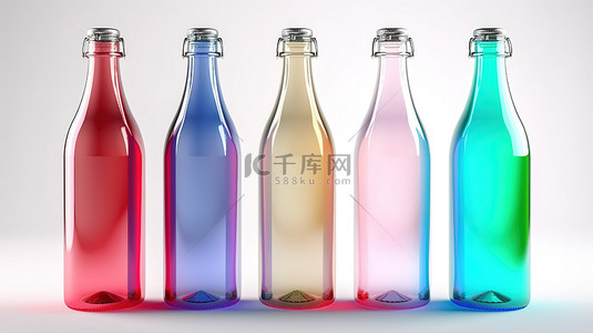 白色背景下的 3D 渲染中的空彩色玻璃瓶