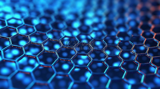 蓝色背景下石墨烯分子纳米结构的 3D 渲染