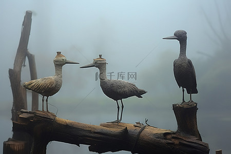 雾中站在原木上的四个雕像