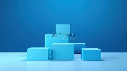 具有多个立方体阶段和用于产品展示的蓝色背景的空基座模型的 3D 渲染