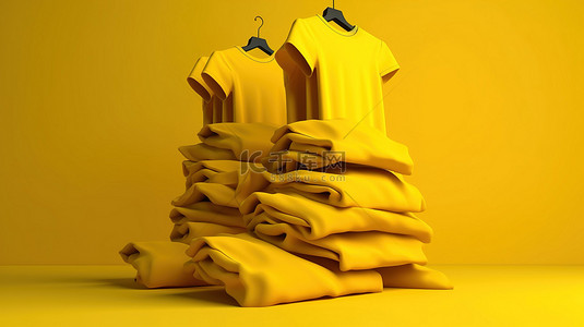 t恤红色模板背景图片_带有 3D 渲染 T 恤的黄色背景