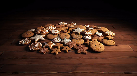 圣诞姜背景图片_质朴的木质背景上的 3D 渲染中的圣诞姜饼