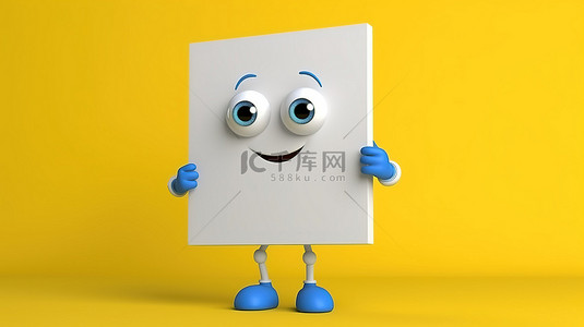 3d促销装饰背景图片_黄色背景，带有3D渲染的蓝皮书人物吉祥物和白色广告促销架