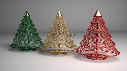 3D 渲染的时尚圣诞树系列，由绿色米色和红色金属线形状制成