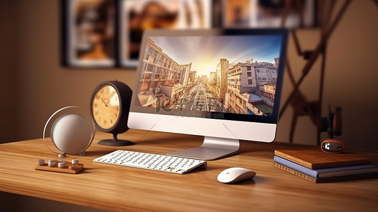 桌面计算机上显示的旅游网站的 3D 渲染