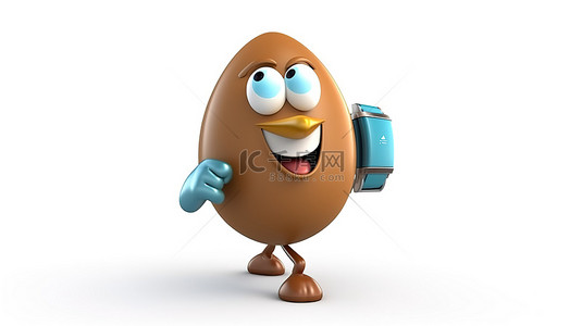 腕表卡通背景图片_具有棕色特征的鸡蛋角色佩戴的健身追踪蓝色设备的白色背景 3D 渲染