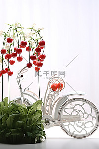 植物香背景图片_有樱桃植物和礼物的白色自行车