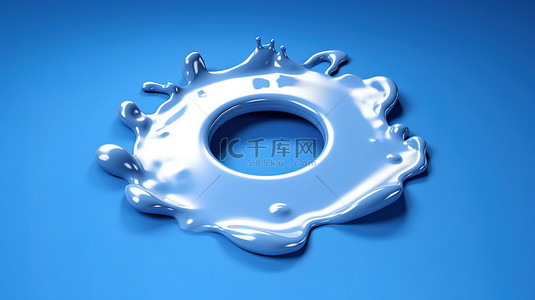蓝色背景上隔离的圆圈中牛奶液体飞溅的 3d 渲染