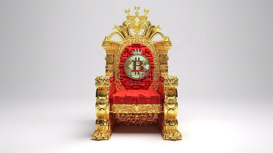 金色和红色的国王宝座，带有闪亮的比特币，白色背景上令人惊叹的 3D 渲染
