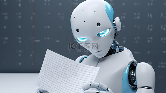 可爱的 ai 机器人在 3d 渲染中拿着空白的记事本