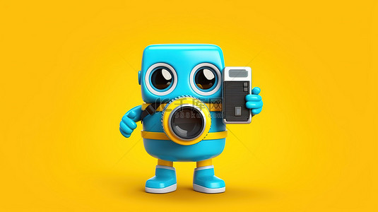 蓝色服装背景图片_穿着蓝色服装的 3D 渲染吉祥物，在充满活力的黄色背景上与现代数码相机合影