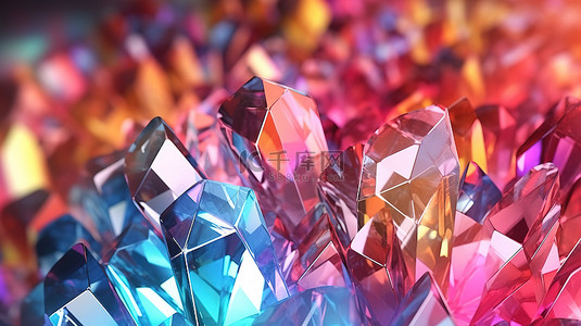 光学艺术的抽象 3D 插图，彩色光谱射线穿过玻璃晶体和棱镜