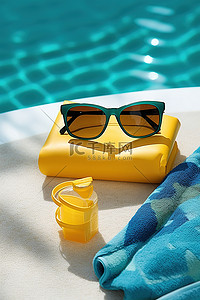 眼镜和防晒霜坐在池畔