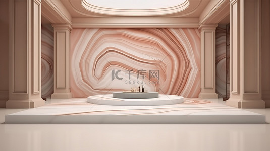 抽象样机大厅的豪华 3D 渲染，配有大理石展示柜，用于高端产品展示