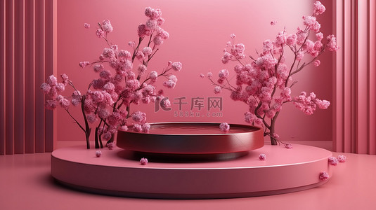 奢华的春季时装展示粉红色表面的 3d 渲染与花卉口音极简主义设计和空荡荡的舞台