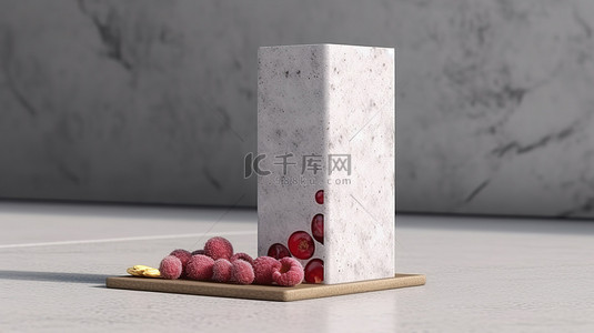 水果棒棒糖背景图片_混凝土表面红色水果谷物棒包装的 3D 渲染