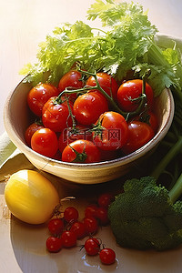 胡萝卜西红柿蔬菜背景图片_一碗西红柿胡萝卜西兰花和西红柿