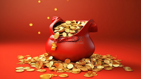 红色背景 3d 渲染的喜庆农历新年金币袋