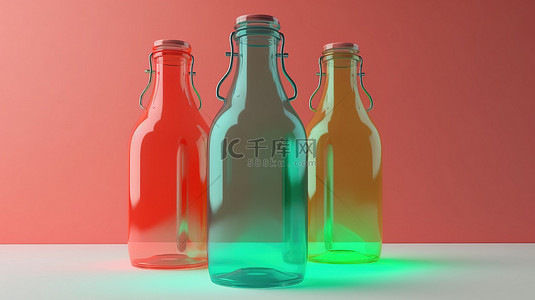 以 3d 渲染描绘的卡通玻璃瓶在生动的彩色背景上隔离