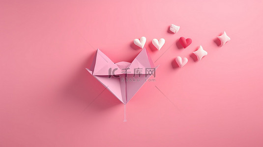 粉红色 3D 心形背景下携带情书的纸飞机
