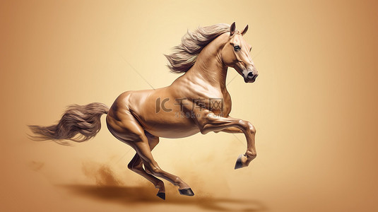 农场放牧背景图片_令人印象深刻的浅棕色马驰骋的 3D 插图
