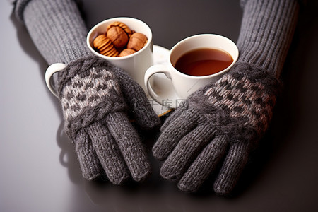 茶暖背景图片_两只灰色暖腕手套，配有巧克力和咖啡杯