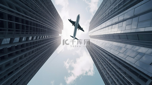 高层建筑与飞机在 3d 渲染中飞行
