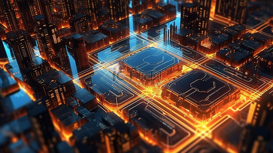 黑暗的未来城市中的发光电路板，具有抽象机制和网络空间中的 3D 渲染芯片