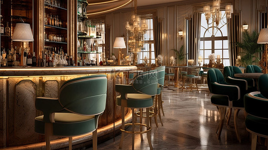 茶几房间背景图片_使用 3D 渲染技术创建的永恒五星级酒店内部的优雅酒吧配有精致的桌椅