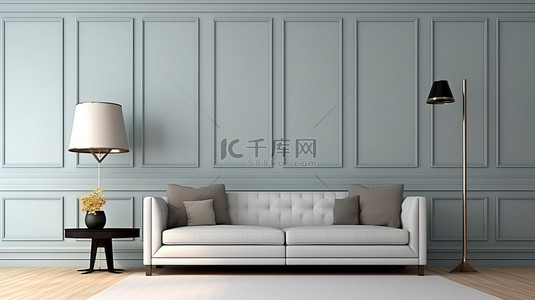 别致优雅背景图片_客厅的 3D 渲染配有优雅的沙发和别致的灯